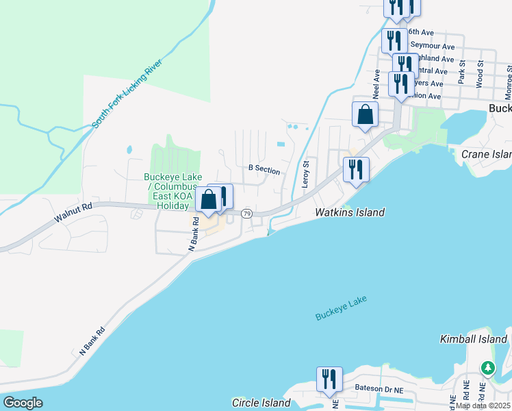 map of restaurants, bars, coffee shops, grocery stores, and more near 12 Rosebraugh Circle East in Buckeye Lake