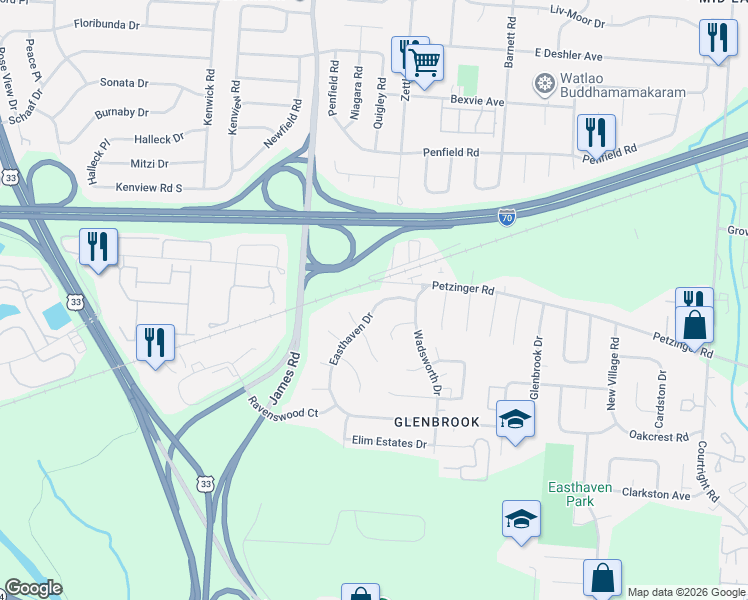map of restaurants, bars, coffee shops, grocery stores, and more near 2082 Easthaven Drive in Columbus