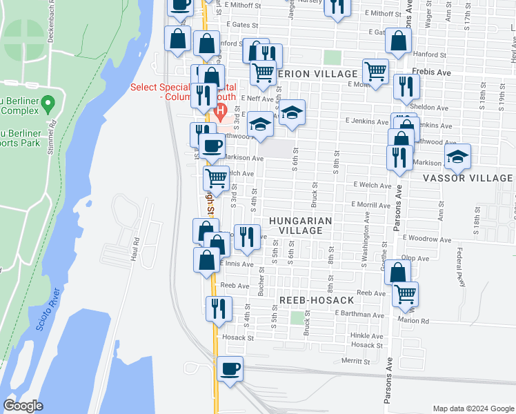 map of restaurants, bars, coffee shops, grocery stores, and more near 1649 South 4th Street in Columbus