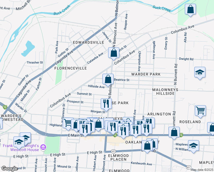map of restaurants, bars, coffee shops, grocery stores, and more near 519 North Belmont Avenue in Springfield
