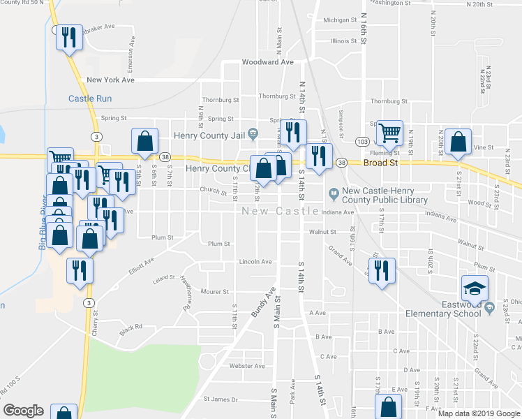 map of restaurants, bars, coffee shops, grocery stores, and more near 1217 Indiana Avenue in New Castle