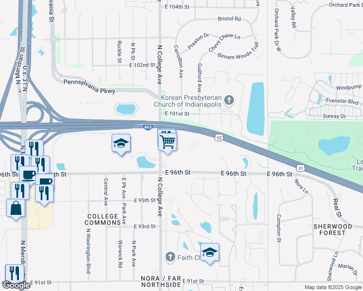 map of restaurants, bars, coffee shops, grocery stores, and more near 800 East 96th Street in Indianapolis