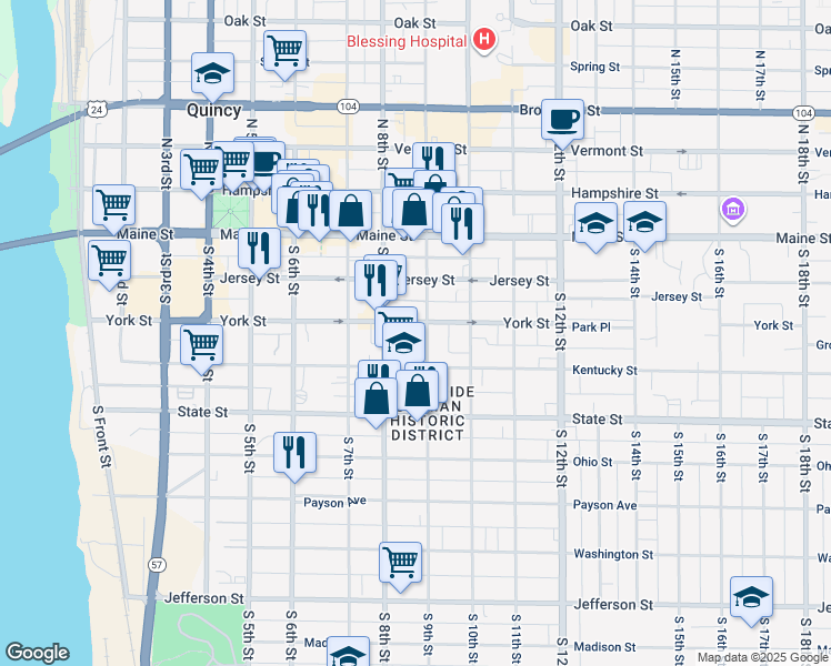 map of restaurants, bars, coffee shops, grocery stores, and more near 327 South 8th Street in Quincy