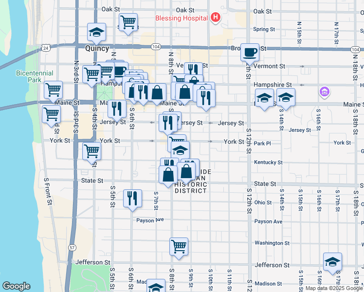 map of restaurants, bars, coffee shops, grocery stores, and more near 327 South 8th Street in Quincy
