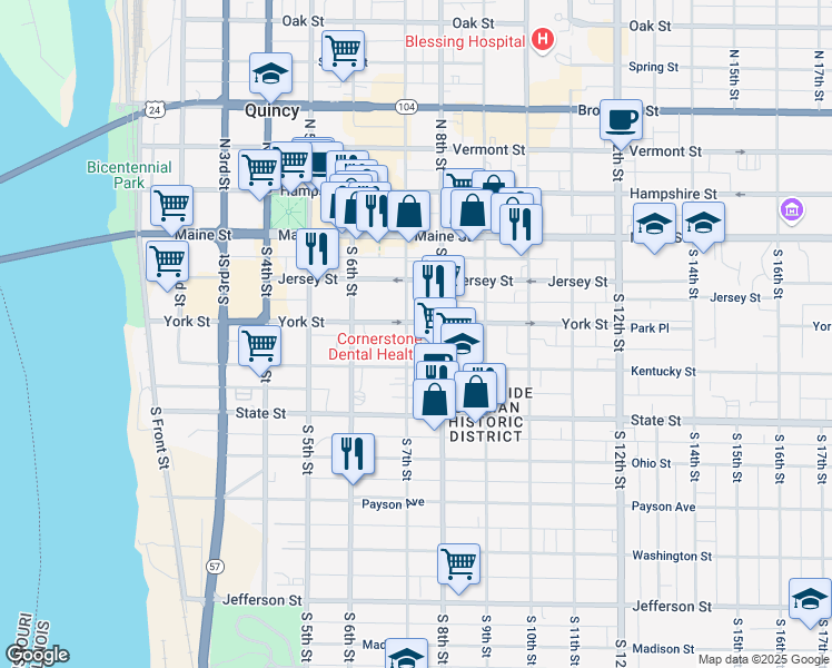 map of restaurants, bars, coffee shops, grocery stores, and more near 327 South 7th Street in Quincy