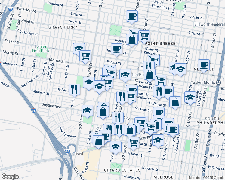 map of restaurants, bars, coffee shops, grocery stores, and more near 1829 South 23rd Street in Philadelphia