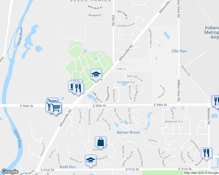 map of restaurants, bars, coffee shops, grocery stores, and more near 9663 Highgate Circle North in Indianapolis