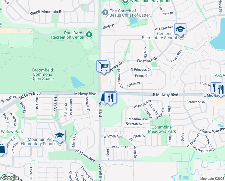 map of restaurants, bars, coffee shops, grocery stores, and more near 3550 East Midway Boulevard in Broomfield