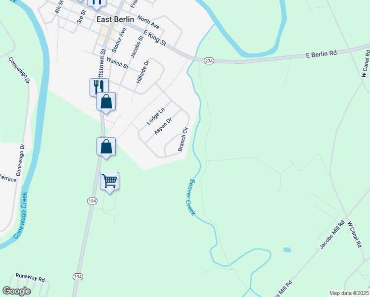 map of restaurants, bars, coffee shops, grocery stores, and more near 176 Branch Circle in East Berlin