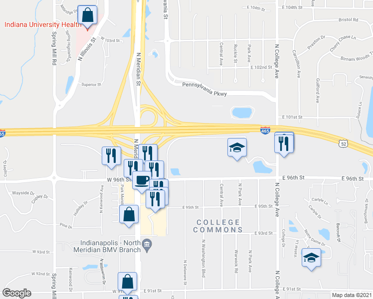 map of restaurants, bars, coffee shops, grocery stores, and more near 280 East 96th Street in Indianapolis