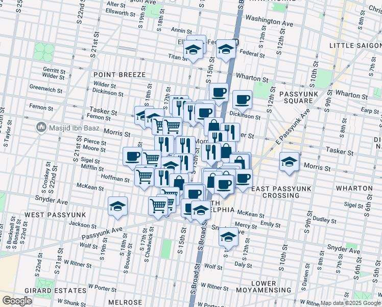 map of restaurants, bars, coffee shops, grocery stores, and more near 1751 South Hicks Street in Philadelphia