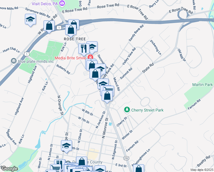 map of restaurants, bars, coffee shops, grocery stores, and more near 48 Greenhill Road in Media