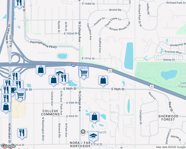 map of restaurants, bars, coffee shops, grocery stores, and more near 800 East 96th Street in Indianapolis