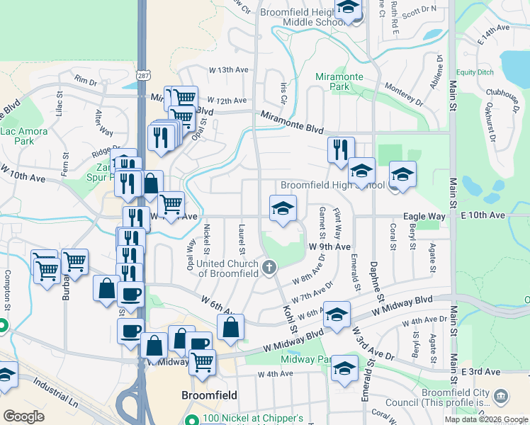 map of restaurants, bars, coffee shops, grocery stores, and more near 975 Kohl Street in Broomfield
