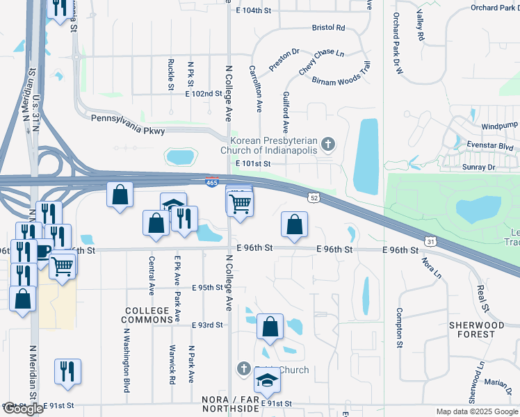 map of restaurants, bars, coffee shops, grocery stores, and more near 800 East 96th Street in Indianapolis