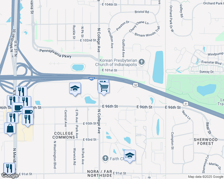 map of restaurants, bars, coffee shops, grocery stores, and more near 800 East 96th Street in Indianapolis