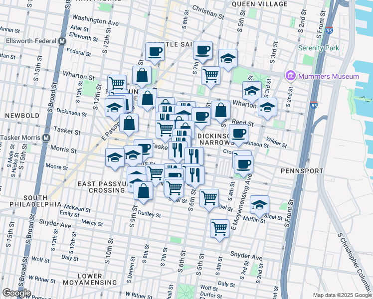 map of restaurants, bars, coffee shops, grocery stores, and more near 633 Tasker Street in Philadelphia