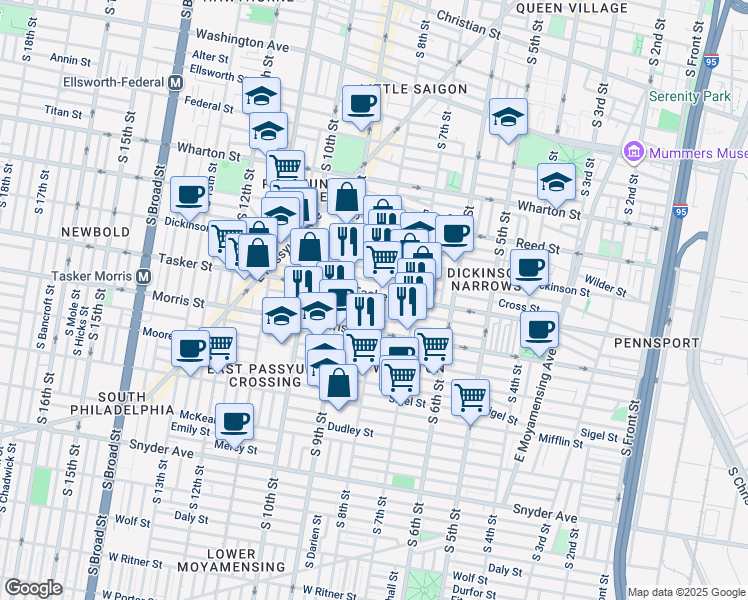 map of restaurants, bars, coffee shops, grocery stores, and more near 1604 South 8th Street in Philadelphia