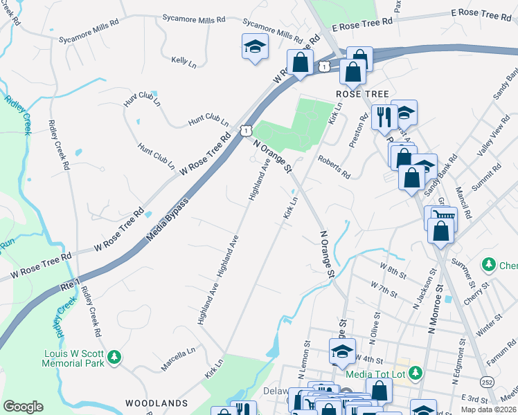 map of restaurants, bars, coffee shops, grocery stores, and more near 296 Highland Avenue in Media