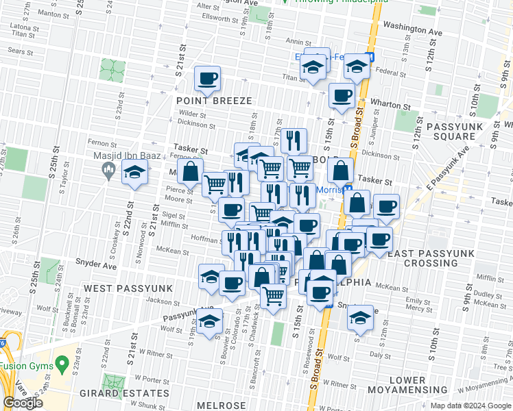 map of restaurants, bars, coffee shops, grocery stores, and more near 1716 Pierce Street in Philadelphia