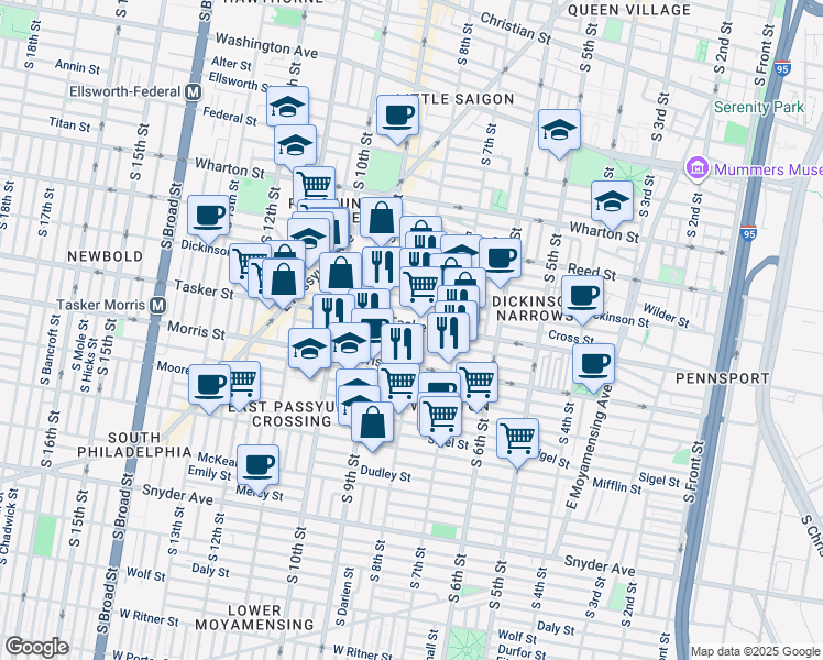 map of restaurants, bars, coffee shops, grocery stores, and more near 1604 South 8th Street in Philadelphia