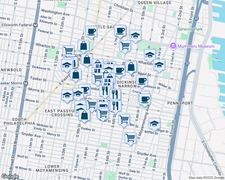 map of restaurants, bars, coffee shops, grocery stores, and more near 619 Tasker Street in Philadelphia