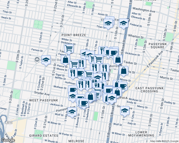 map of restaurants, bars, coffee shops, grocery stores, and more near 1710 Pierce Street in Philadelphia
