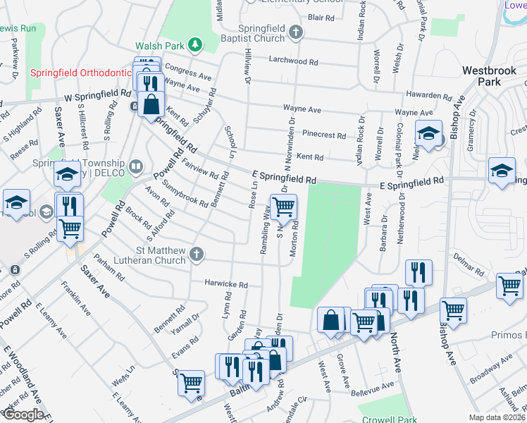 map of restaurants, bars, coffee shops, grocery stores, and more near 127 Rose Lane in Springfield