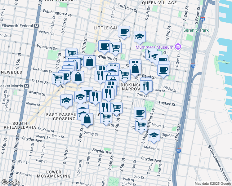 map of restaurants, bars, coffee shops, grocery stores, and more near 619 Tasker Street in Philadelphia
