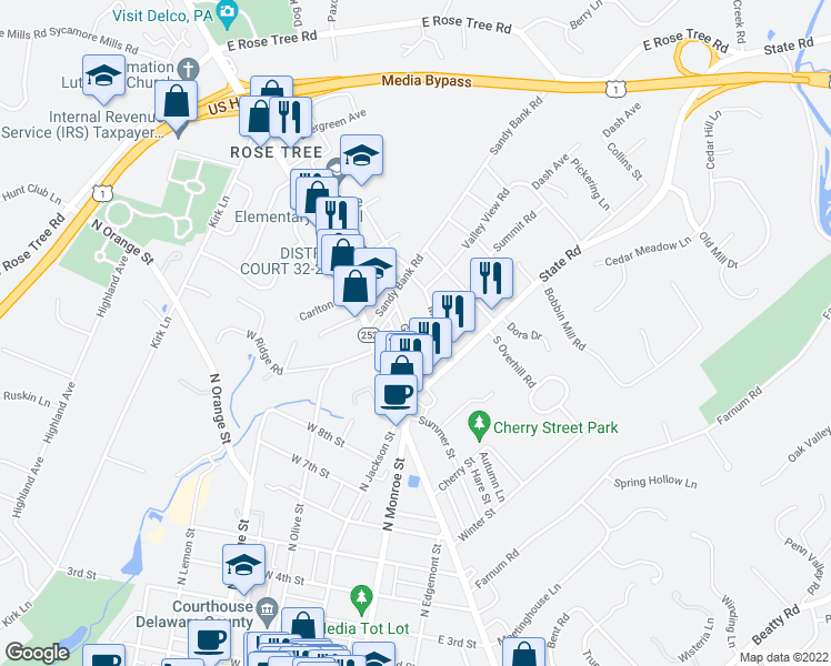 map of restaurants, bars, coffee shops, grocery stores, and more near 45 Greenhill Road in Media