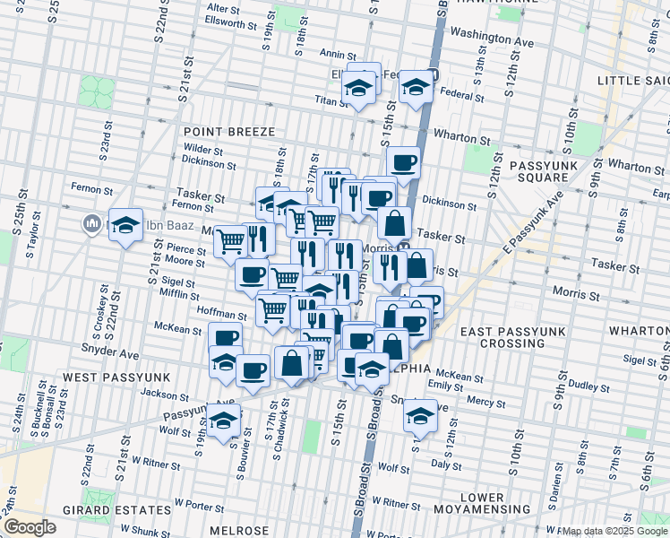 map of restaurants, bars, coffee shops, grocery stores, and more near 1727 South 16th Street in Philadelphia