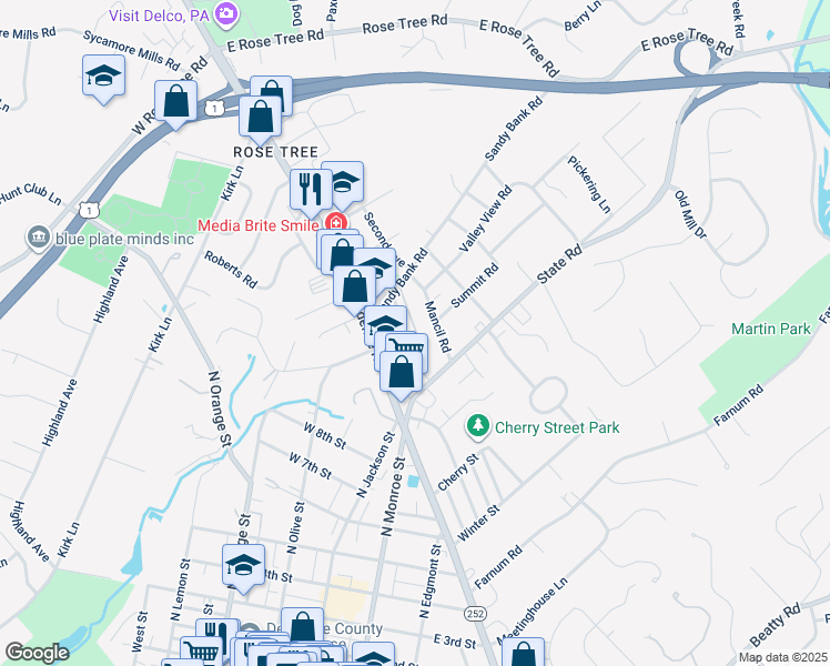 map of restaurants, bars, coffee shops, grocery stores, and more near 45 Greenhill Road in Media