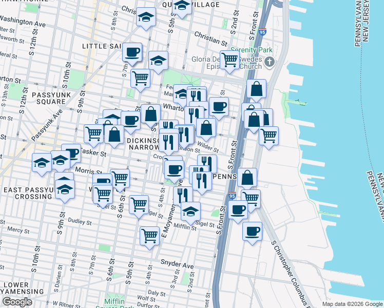 map of restaurants, bars, coffee shops, grocery stores, and more near 240 Greenwich Street in Philadelphia