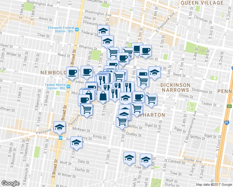 map of restaurants, bars, coffee shops, grocery stores, and more near 1616 South 10th Street in Philadelphia