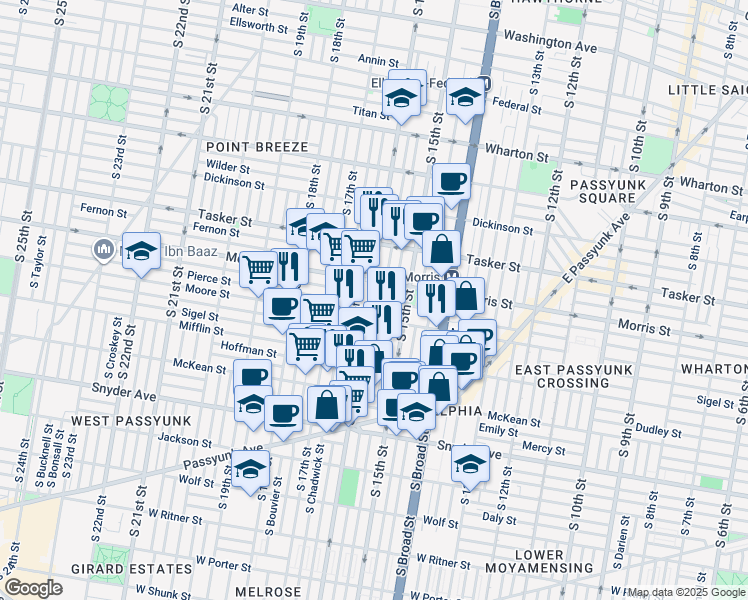 map of restaurants, bars, coffee shops, grocery stores, and more near 1727 South 16th Street in Philadelphia