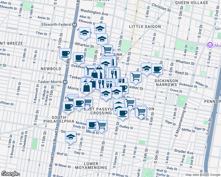 map of restaurants, bars, coffee shops, grocery stores, and more near 1616 South 10th Street in Philadelphia