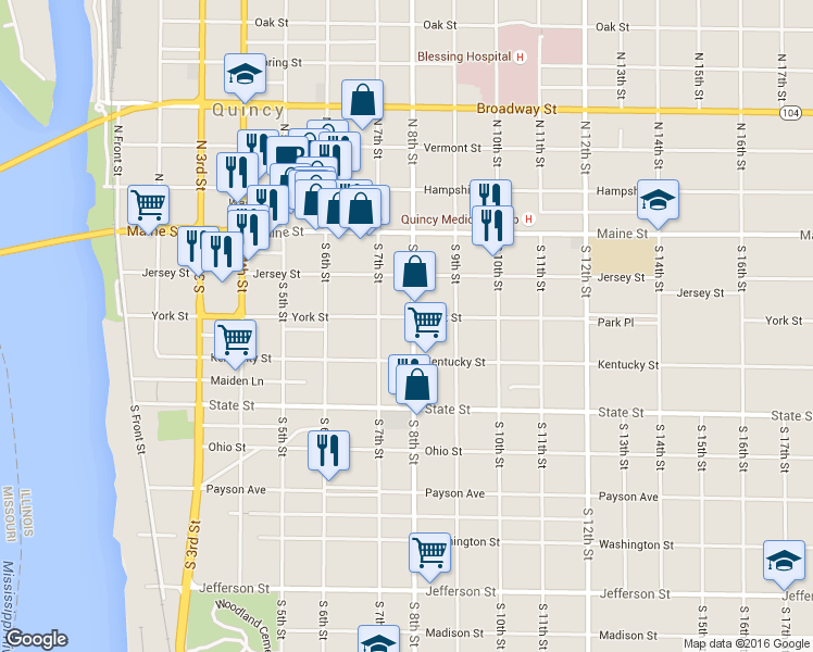 map of restaurants, bars, coffee shops, grocery stores, and more near 304 South 8th Street in Quincy