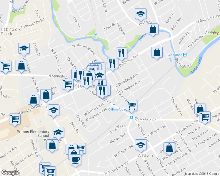 map of restaurants, bars, coffee shops, grocery stores, and more near 65 East Broadway Avenue in Clifton Heights