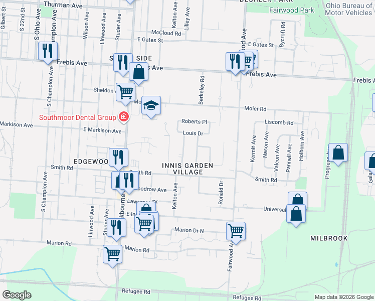 map of restaurants, bars, coffee shops, grocery stores, and more near 1833 Berkeley Road in Columbus