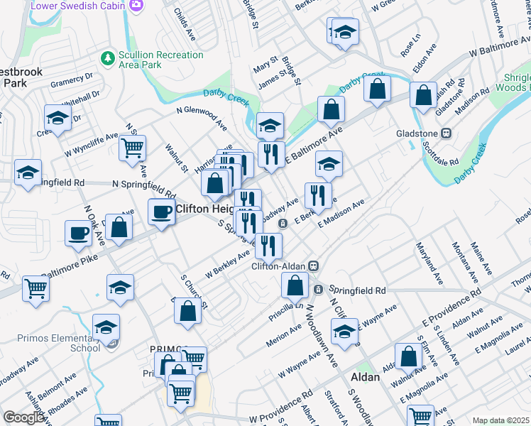 map of restaurants, bars, coffee shops, grocery stores, and more near 65 East Broadway Avenue in Clifton Heights