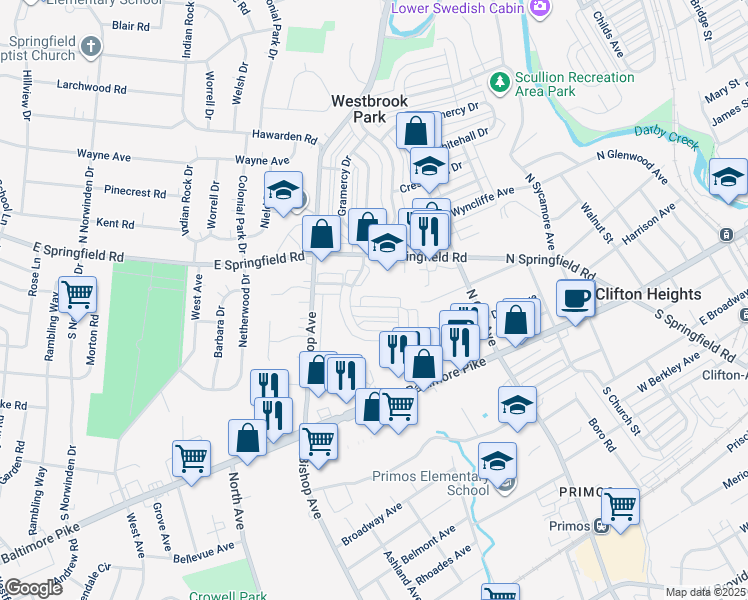 map of restaurants, bars, coffee shops, grocery stores, and more near 5235 Fairhaven Road in Clifton Heights