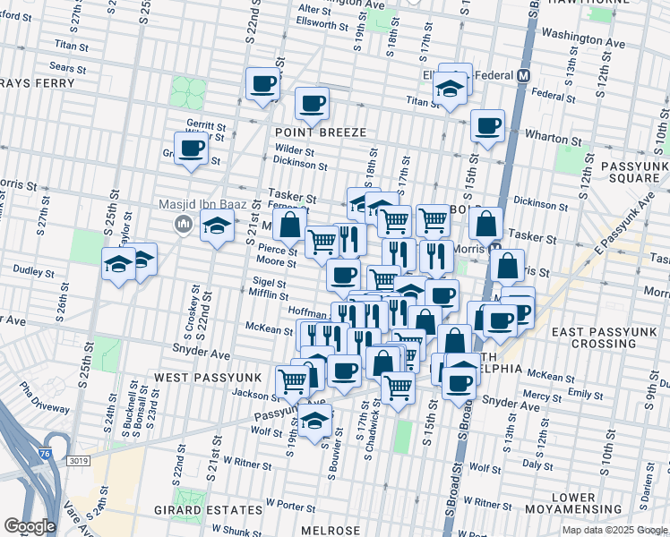 map of restaurants, bars, coffee shops, grocery stores, and more near 1835 Moore Street in Philadelphia