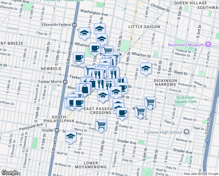 map of restaurants, bars, coffee shops, grocery stores, and more near 1004 Fernon Street in Philadelphia