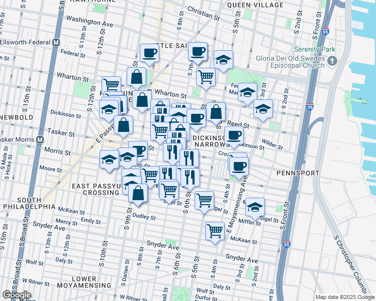 map of restaurants, bars, coffee shops, grocery stores, and more near 1528 South Marshall Street in Philadelphia