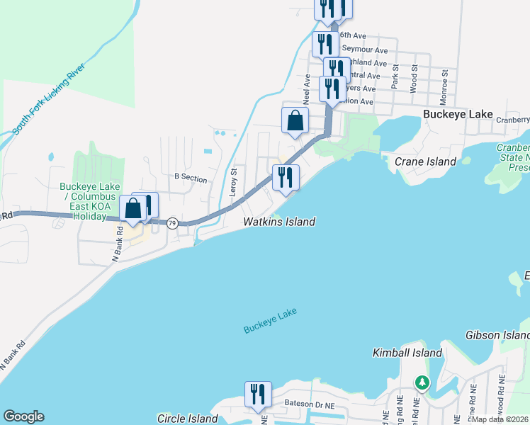 map of restaurants, bars, coffee shops, grocery stores, and more near 5019 North Bank Road in Buckeye Lake