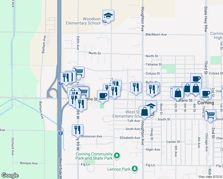 map of restaurants, bars, coffee shops, grocery stores, and more near in Corning