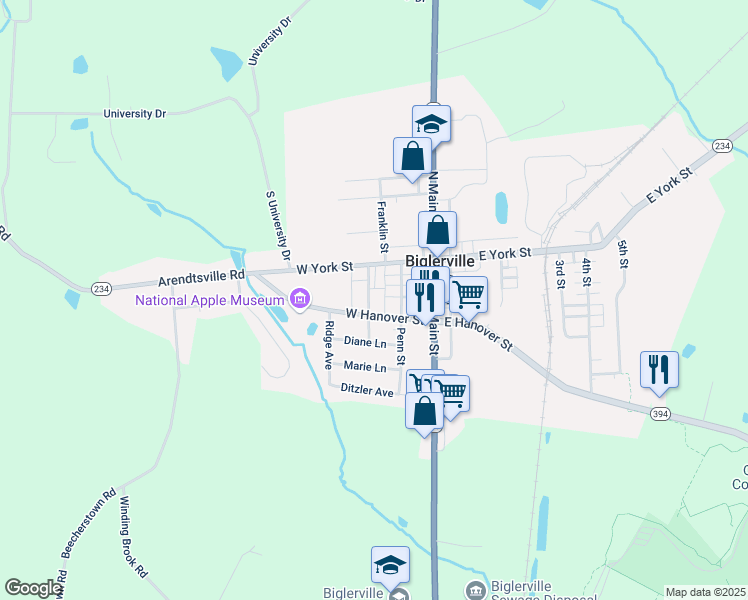 map of restaurants, bars, coffee shops, grocery stores, and more near 32 High Street in Biglerville