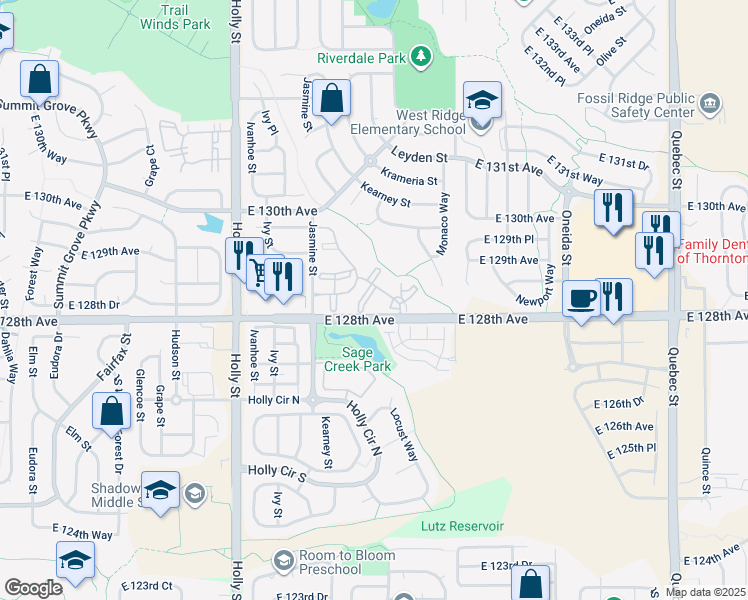map of restaurants, bars, coffee shops, grocery stores, and more near 12800 East 128th Avenue in Thornton