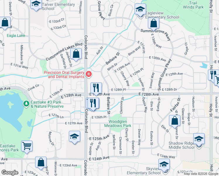 map of restaurants, bars, coffee shops, grocery stores, and more near 4314 East 128th Place in Thornton