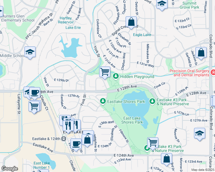 map of restaurants, bars, coffee shops, grocery stores, and more near 12802 Columbine Circle in Thornton